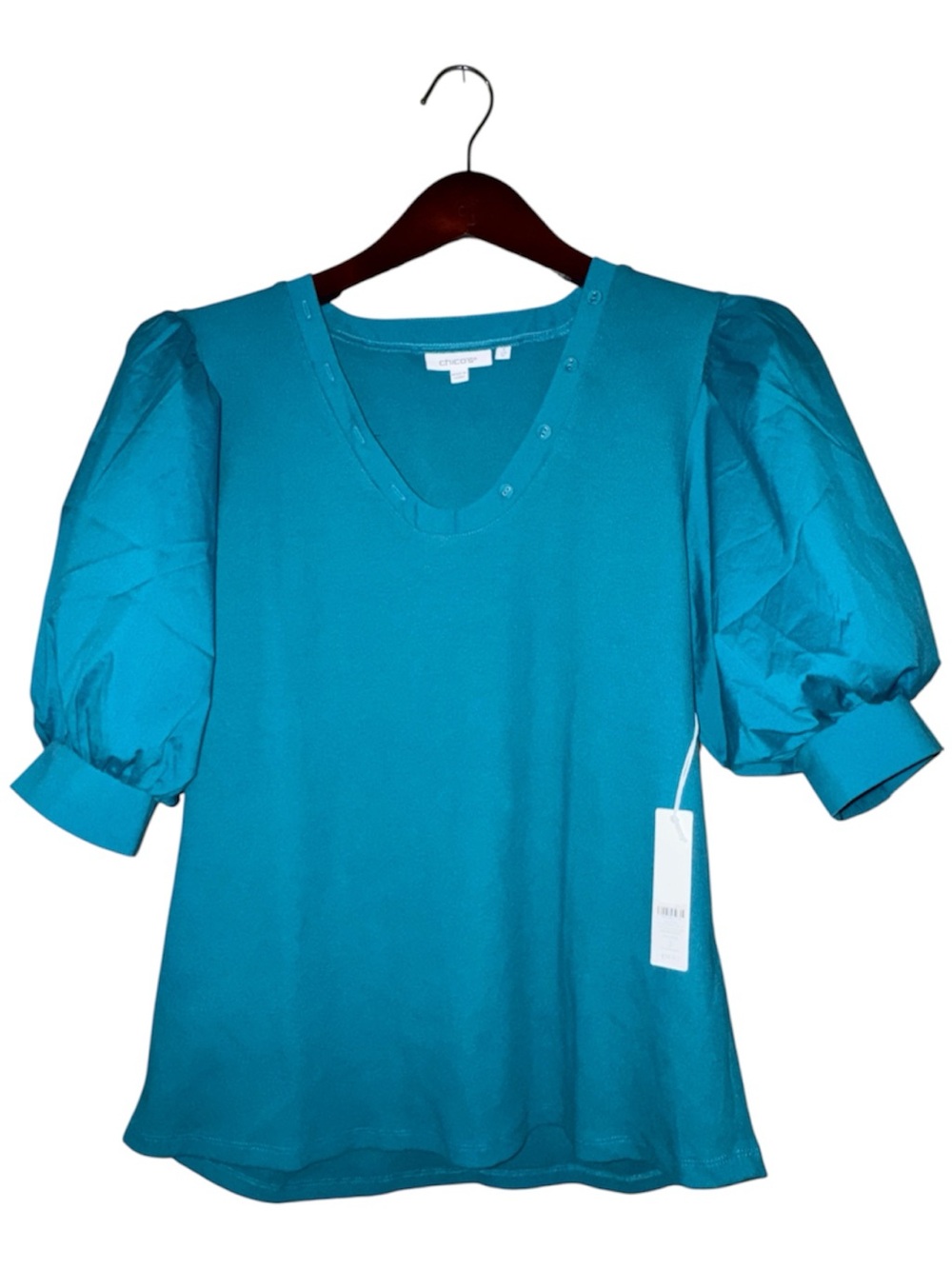 NWT Chico’s Pagoda Blue Rib Henley Puff Sleeve Tee Size 3 (XL / 16)